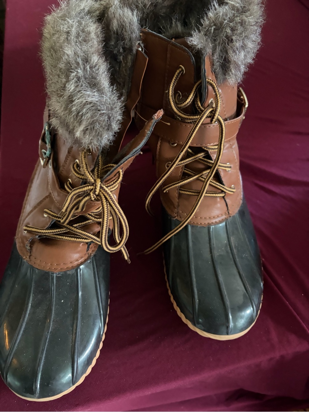 Brown and Black Waterproof Winter Duck Boots with Faux Fur Women size 9
